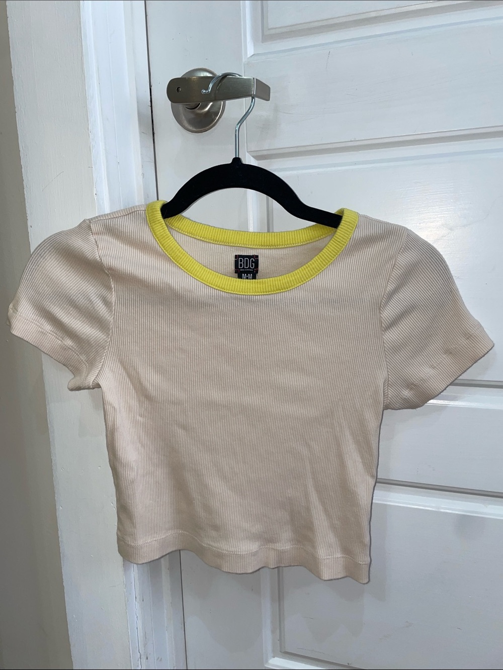 BDG Cream Ribbed Crop Tee with Yellow Neckline